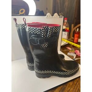 Capelli New York Womens Black Polka Dot Rubber Rain Boots Mid Calf Size 7